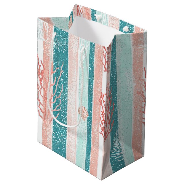 Coastal Coral Stripe Beach Pattern Medium Gift Bag (Front Angled)
