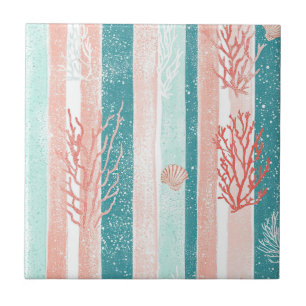 Coastal Coral Stripe Beach Pattern Tile