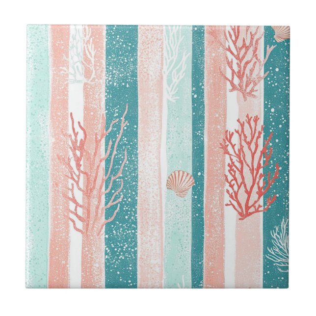 Coastal Coral Stripe Beach Pattern Tile (Front)