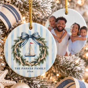 Coastal Cosy Cute Sailboat Wreath Family Photo Ceramic Tree Decoration