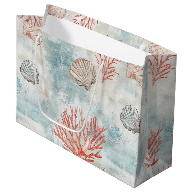 Coastal Cottage Aqua Seashell Pattern Large Gift Bag (Front Angled)