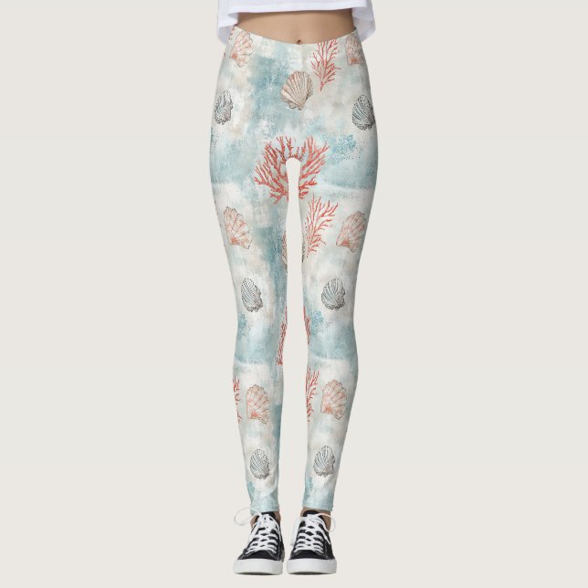 Coastal Cottage Aqua Seashell Pattern Leggings (Front)