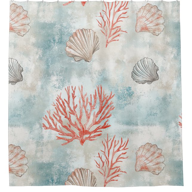 Coastal Cottage Aqua Seashell Pattern Shower Curtain (Front)