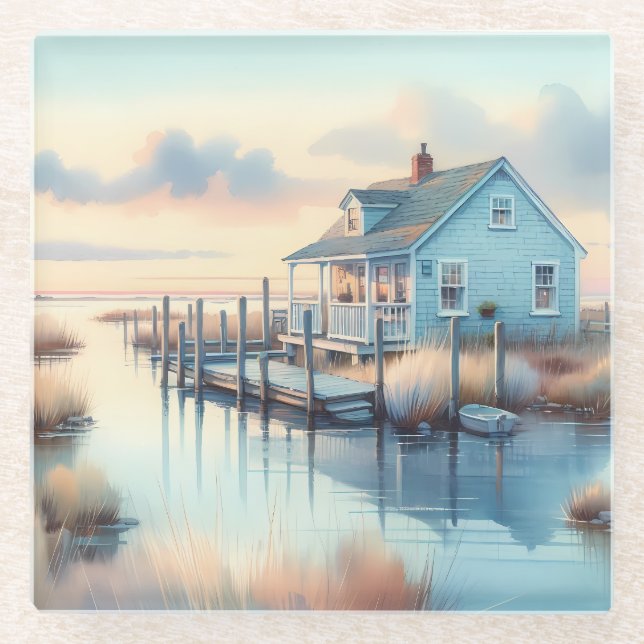 Coastal Cottage at Sunrise Marsh Glass Coaster (Front)