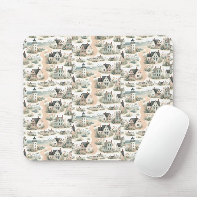 Coastal Cottage Lighthouse Pattern Mouse Mat (With Mouse)