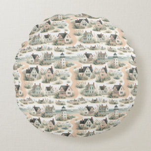 Coastal Cottage Lighthouse Pattern Round Cushion
