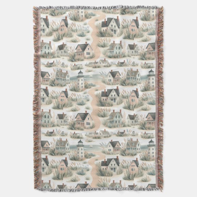 Coastal Cottage Lighthouse Pattern Throw Blanket (Front Vertical)
