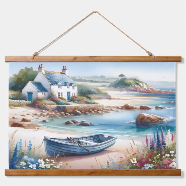 Coastal Cottage Seaside Rowboat Bloom Hanging Tapestry (Front)
