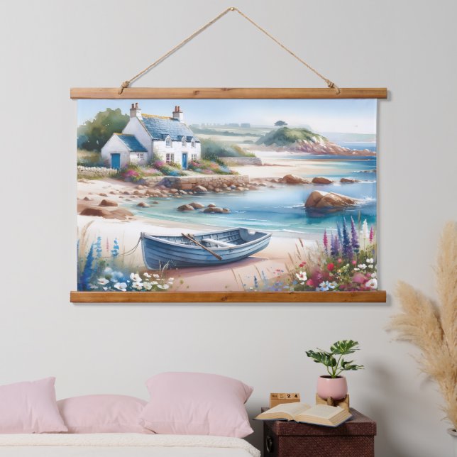 Coastal Cottage Seaside Rowboat Bloom Hanging Tapestry (Bedroom)