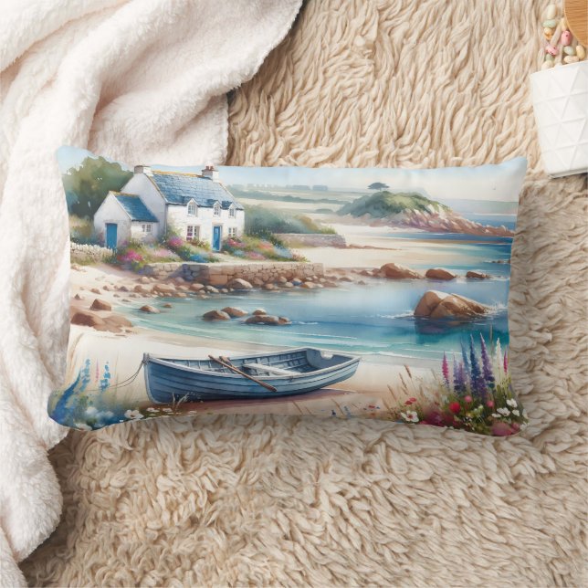 Coastal Cottage Seaside Rowboat Bloom Lumbar Cushion (Blanket)