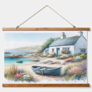 Coastal Cottage Seaside Rowboat  Hanging Tapestry