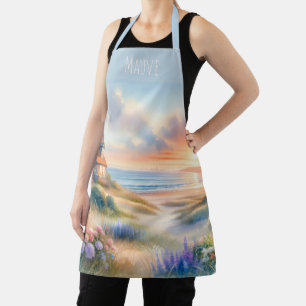 Coastal Cottage Sunset Dunes Watercolor Apron