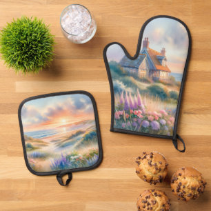 Coastal Cottage Sunset Dunes Watercolor Oven Mitt & Pot Holder Set