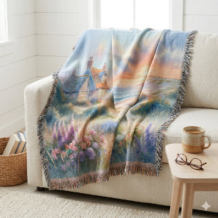 Coastal Cottage Sunset Dunes Watercolor Throw Blanket