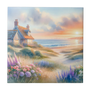Coastal Cottage Sunset Dunes Watercolor Tile