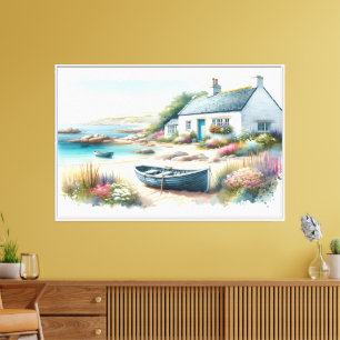 Coastal Cottage Watercolor Seaside Scene Canvas Print