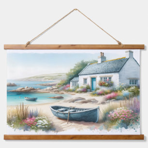 Coastal Cottage Watercolor Seaside Scene Hanging Tapestry