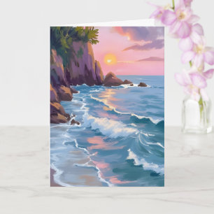 Coastal Cotton Candy Sunset Watercolor Painting Card