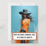 Coastal cowgirl aesthetic 30th birthday party invitation<br><div class="desc">This customisable coastal cowgirl aesthetic 30th birthday party invitation is perfect for your 30th milestone birthday! The customisable invitation features a coastal cowgirl with black boots and a hat, as well as an orange shirt, against a blue coastal background. The 30th birthday party invitation design is completed with a grunge...</div>