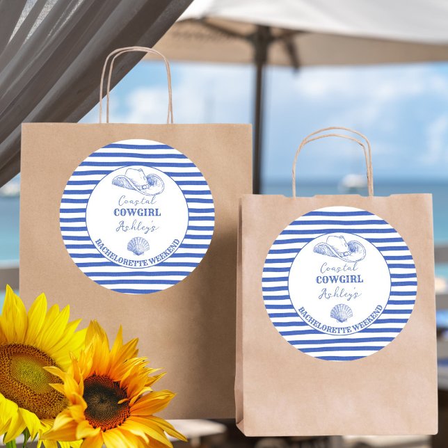 Coastal Cowgirl Bachelorette weekend printed Classic Round Sticker (Coastal Cowgirl Bachelorette weekend printed Sticker last toast on a coast dusty blue favor stickers)