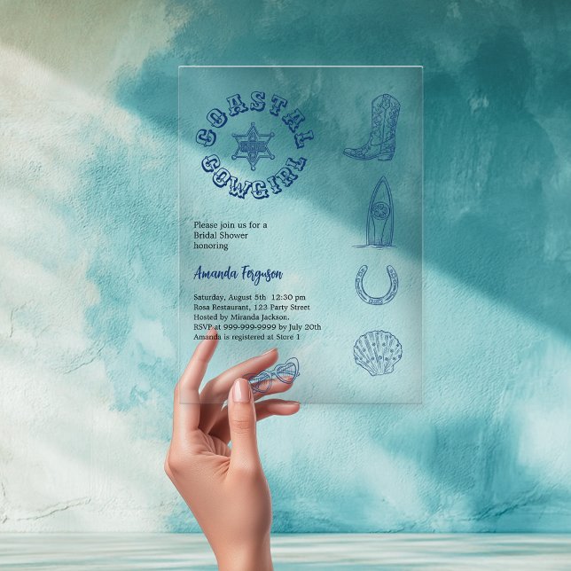 Coastal Cowgirl blue beach clear Bridal Shower Acrylic Invitations (Creator Uploaded)