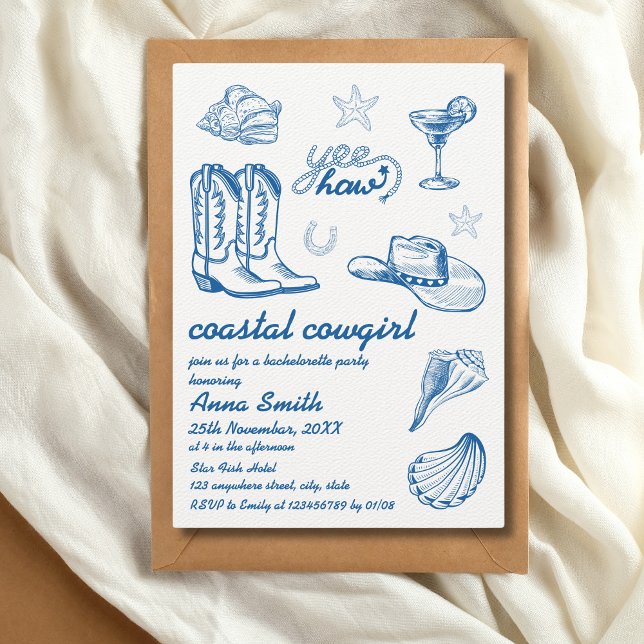 Coastal Cowgirl Blue Hand Written Bachelorette Invitation (coastal cowgirl bachelorette party invitation)