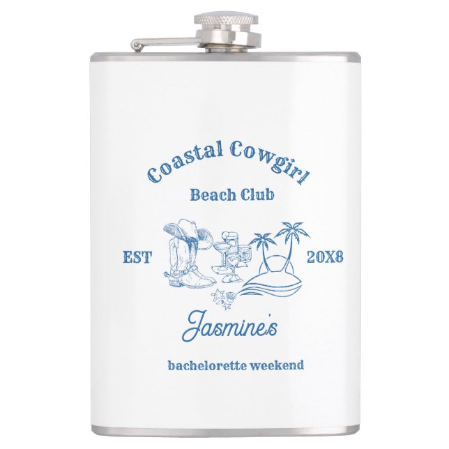 Coastal cowgirl Blue Ocean Bachelorette weekend Hip Flask (Front)