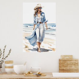 Coastal Cowgirl Blue, White & Denim Watercolor  Poster