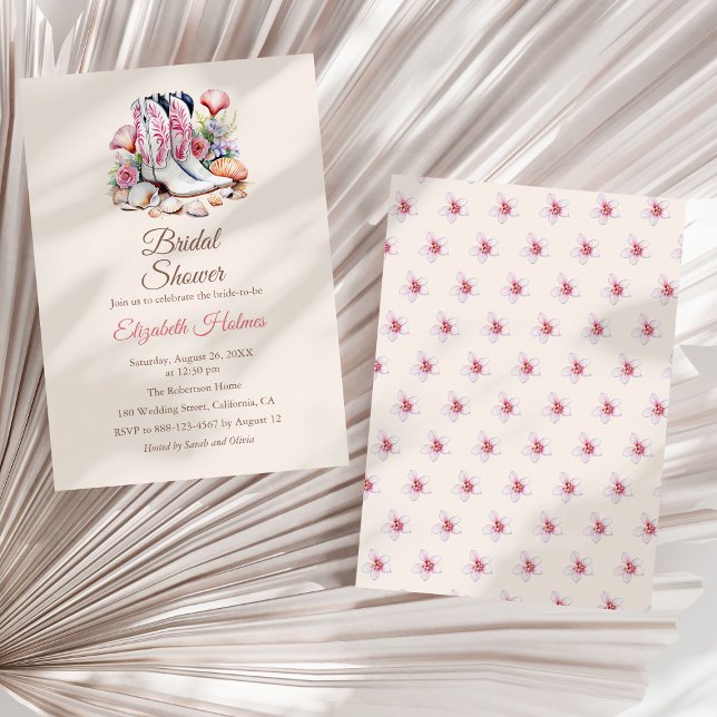 Coastal Cowgirl Boots Bridal Shower Invitation (Coastal Cowgirl Boots Bridal Shower Invitation on a white dry palm leaf.)