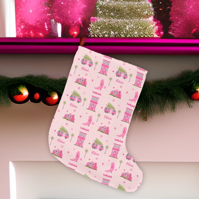 Coastal Cowgirl Boots Pink Christmas Camper Name Large Christmas Stocking (Creator Uploaded)