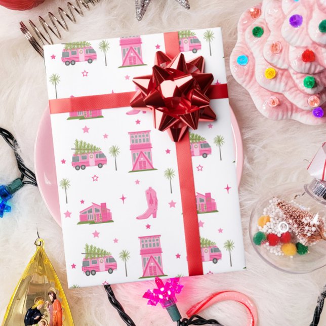 Coastal Cowgirl Boots Pink RV Midcentury Christmas Wrapping Paper (Creator Uploaded)