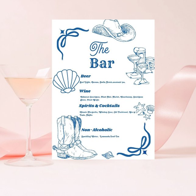 Coastal Cowgirl Ocean Bachelorette Party Bar Menu Pedestal Sign (Creator Uploaded)