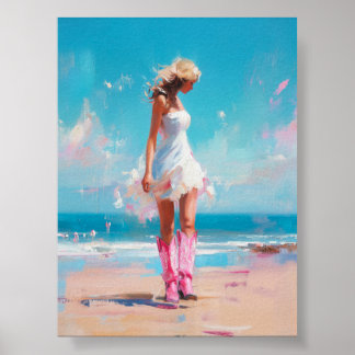 Coastal Cowgirl – Pink Boots & White Dress Beach  Poster