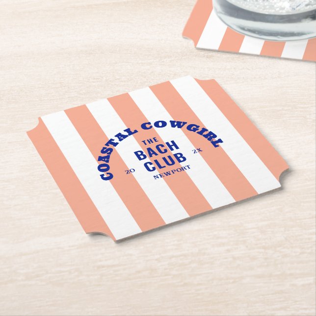 Coastal Cowgirl The Bach Club Pink Cabana Stripe Paper Coaster (Angled)