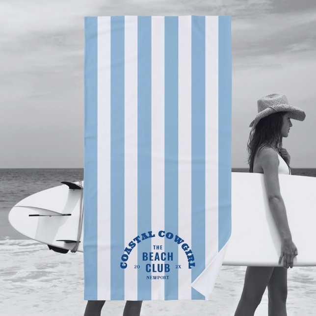 Coastal Cowgirl The Beach Club Blue Cabana Stripe Beach Towel (Creator Uploaded)