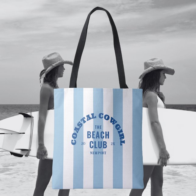 Coastal Cowgirl The Beach Club Blue Cabana Stripe Tote Bag (Creator Uploaded)