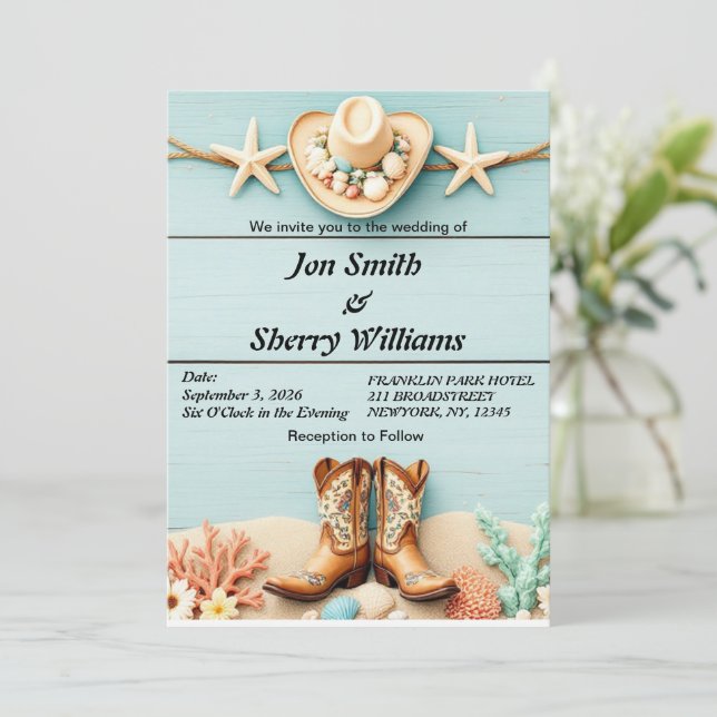 Coastal Cowgirl Themed Wedding Invitation (Standing Front)