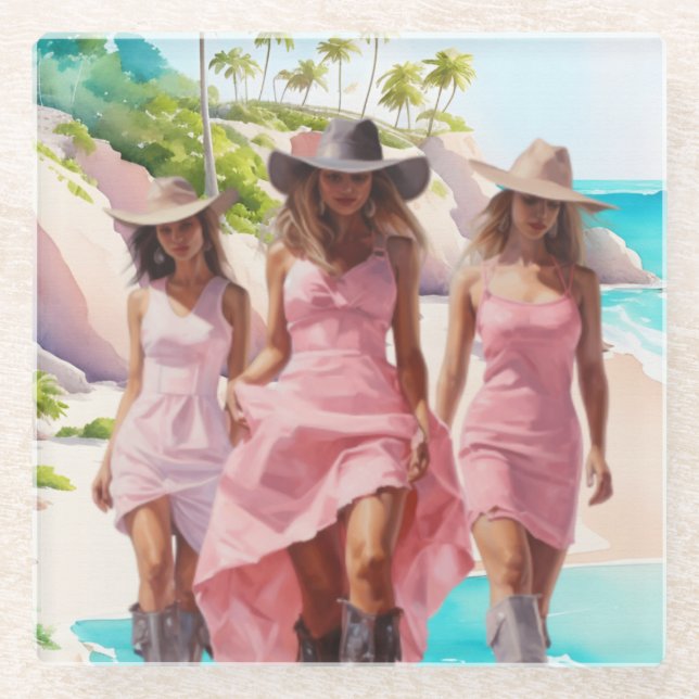 Coastal Cowgirl Trio in Colourful Pink Dresses   Glass Coaster (Front)