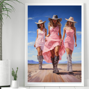 Coastal Cowgirl Trio in Colourful Pink Dresses Poster