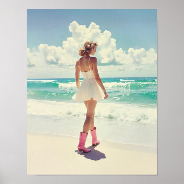 Coastal Cowgirl – Vintage Style Pink Boots Poster (Front)