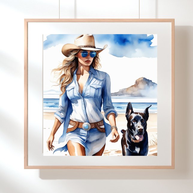 Coastal Cowgirl Wearing a Denim Dress on the Beach Poster (Coastal cowgirl wearing a denim dress walking on the beach with a dog)