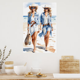 Coastal Cowgirls Blue & White Watercolor  Poster