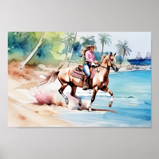 Coastal Cowgirl's Horse Riding on Tropical island Poster (Front)