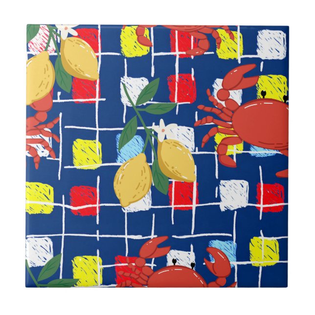 Coastal Crab and Lemon Pattern Tile (Front)