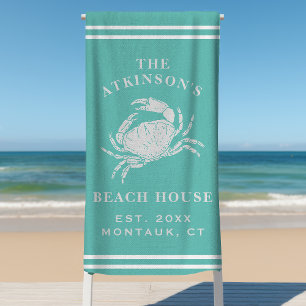 Coastal Crab Beach House Rustic Family Name Teal Towel