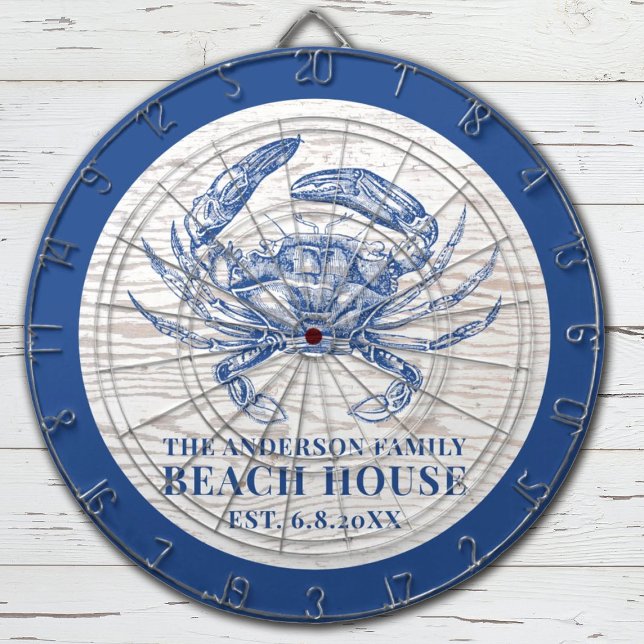 Coastal Crab Beach House Rustic Wood Family Name Dartboard (A rustic beach house dart board decorated with a blue crab, and your name and established date)