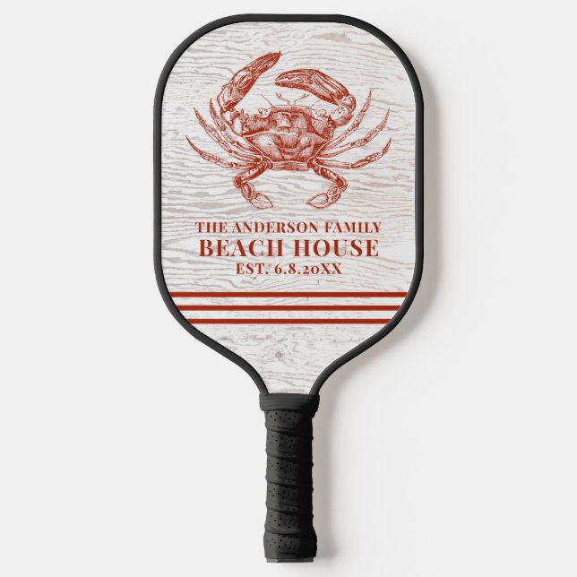 Coastal Crab Beach House Rustic Wood Family Name Pickleball Paddle (Front)