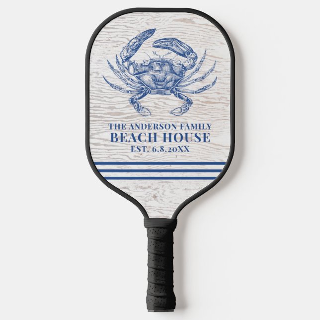Coastal Crab Beach House Rustic Wood Family Name Pickleball Paddle (Front)