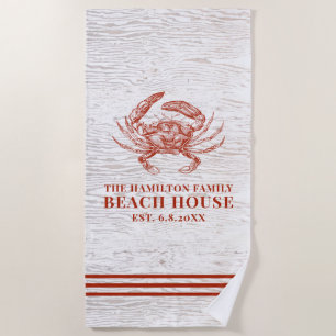 Coastal Crab Beach House Rustic Wood Family Name Towel