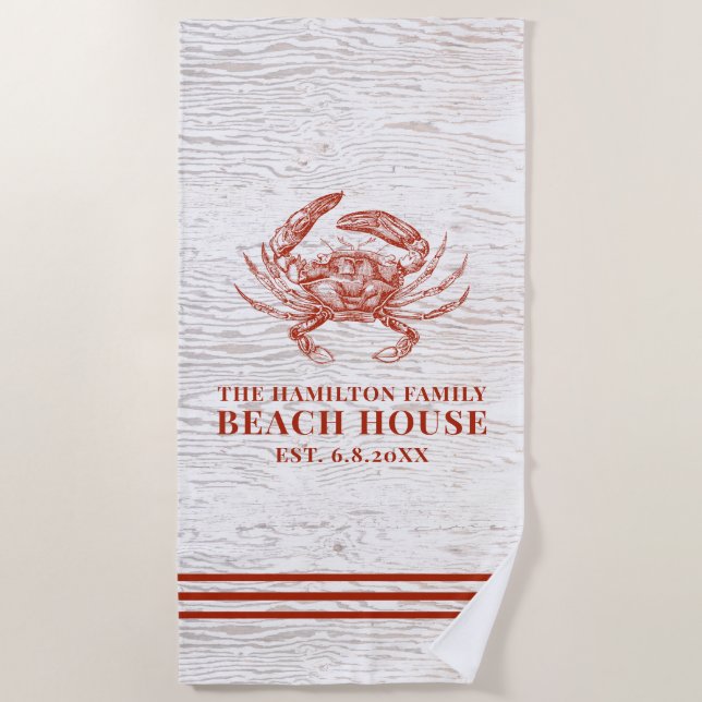 Coastal Crab Beach House Rustic Wood Family Name Towel (Front)